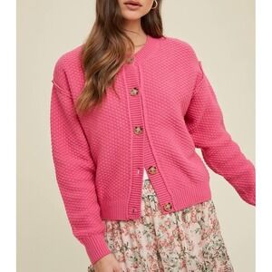 Lavender J Hot Pink Chunky Knit Cropped Cardigan Button Front NWT Large